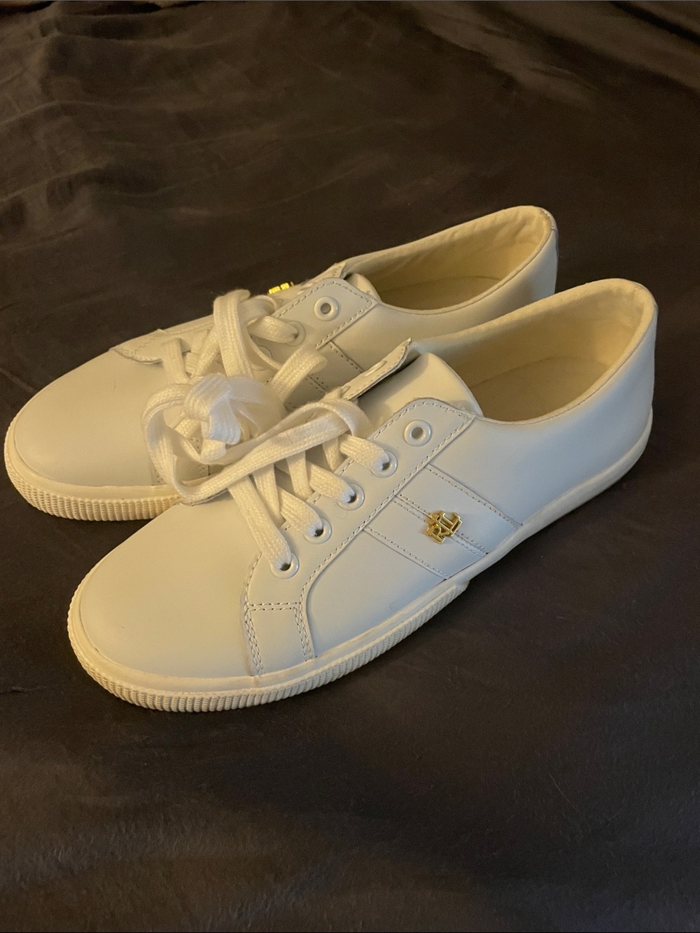 NWOT Ralph Lauren White Low-Top Lace-Up Sneakers with Gold Accent